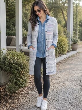 Christopher & Banks Fair Isle Patchwork Coatigan Petite Small EUC